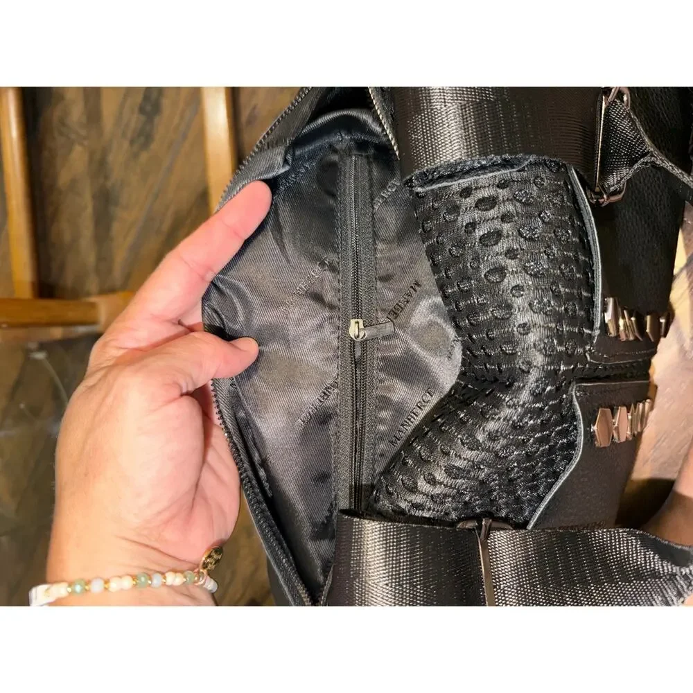 Black Woven & Studded Convertible Crossbody Shoulder Bag - Boho Edgy Satchel